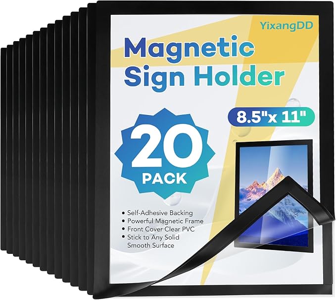 20 Pack Magnetic Sign Holder 8.5 x 11,Self-Adhesive Magnetic Wall Mount Sign Holder, Magnetic Document Holder for Wall Window Office Poster Store