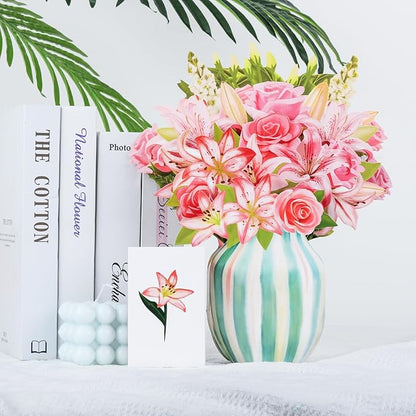 NESCCI Pop Up Cards,Pink Roses&Lilies,12 Inch Forever Flower Bouquet 3D Popup Greeting Cards With Blank Note Card and Envelope,Perfect For Birthday, Christmas, Thanksgiving Day,Mother's Day Gifts