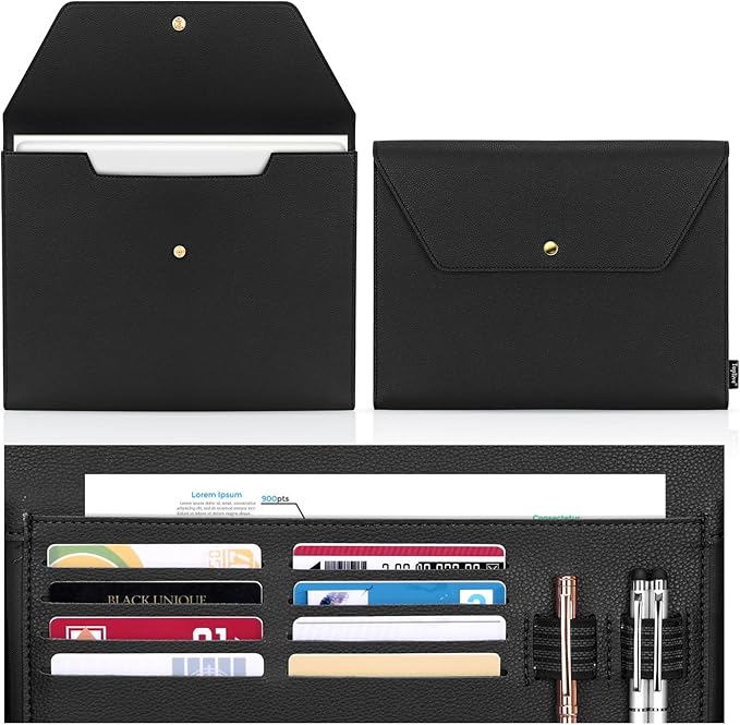 Toplive Document File Folder, Waterproof PU Leather A4 Letter Envelope Folder Case File Organizer Dual Layers Stylish Document Holder with 8 Card Holder 2 Pen Loop for Travel Office School, Black