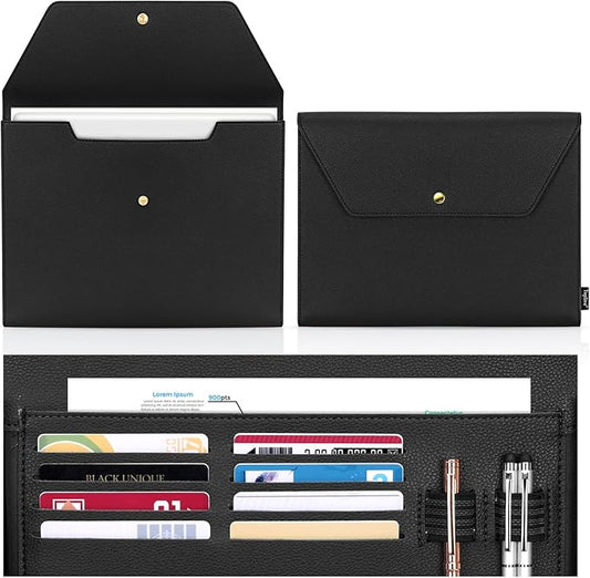 Toplive Document File Folder, Waterproof PU Leather A4 Letter Envelope Folder Case File Organizer Dual Layers Stylish Document Holder with 8 Card Holder 2 Pen Loop for Travel Office School, Black