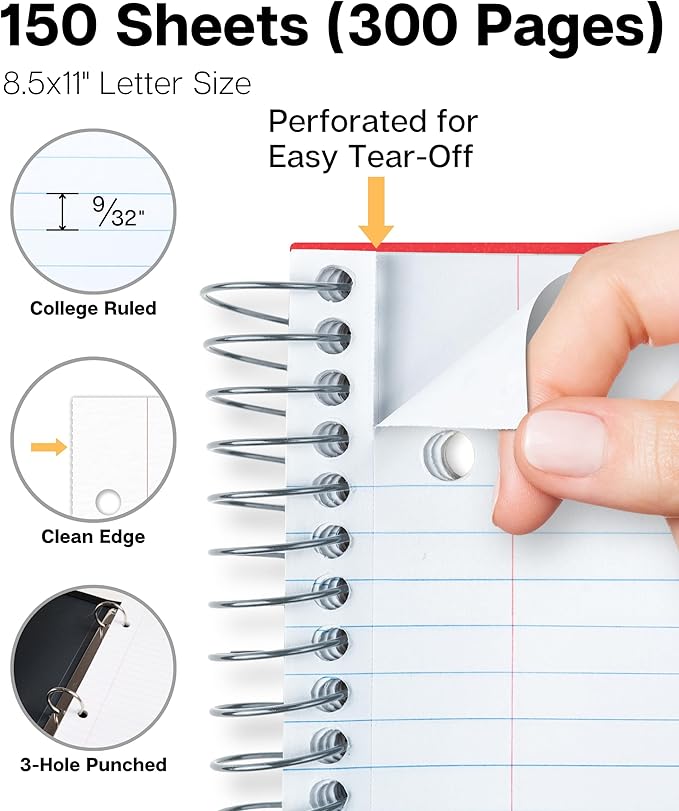 Dunwell 3 Subject Notebook College Ruled (Red), 150 Sheets (300 Pages), Spiral Notebook 8.5 x 11, Plastic Cover, 3 Pocket Divider Folders, 3-Hole Punched Perforated Paper
