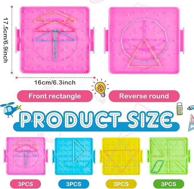 24 Pcs Double Sided Geoboard Mathematical Geoboards with Rubber Bands Math Manipulatives Toy for Geometry, 6.9 x 6.3 Inches