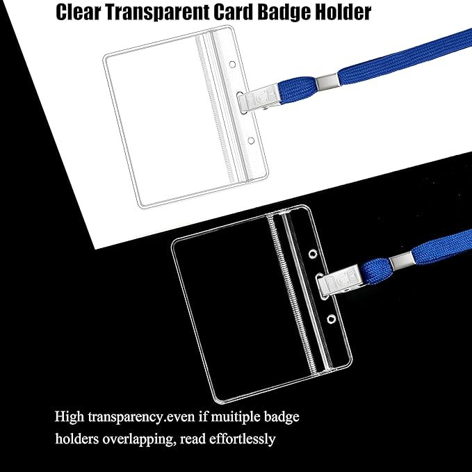 100Pcs Clear Plastic Horizontal Name Tags Badge ID Card Holders and 100Pcs Lanyards with Clip (Blue)