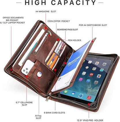 Portfolio Binders - Genuine Leather Padfolio - Business Notebook Organizer w/Zipper and Handle for Resume & Work - Padfolio for Men & Women w/Notepad Fit iPad Pro 12.9" / Portfolio with AirTag Holder
