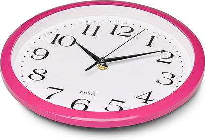 Bernhard Products Pink Wall Clock 10 Inch Silent Non Ticking Battery Operated Quality Quartz Round Easy to Read Home/Office/Kitchen/Nursery/Girl's Bedroom/Classroom/Kids Playroom/School Clock