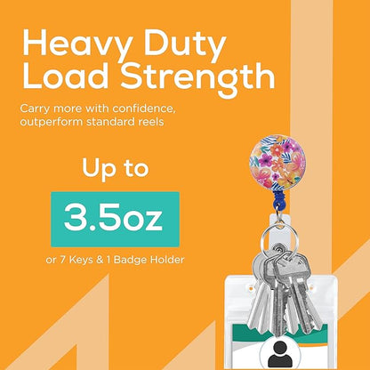 Will Well Badge Holders with Belt Clips for Securing onto Pockets and Purse Straps, with Retractable 27.5" UHMWPE Fiber Pull Cords, Strong Build with Fun Designs - 2-Pack, Floral Print