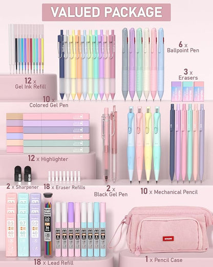Nicpro 78 PCS Aesthetic School Supplies with Cute Pen Case, 12 Pastel Highlighters, 12 Color & Black Ink Gel Pens, 10 Mechanical Pencils 0.5, 0.7, 0.9, 2.0 mm, 6 Ballpoint Pen for Student Stationary