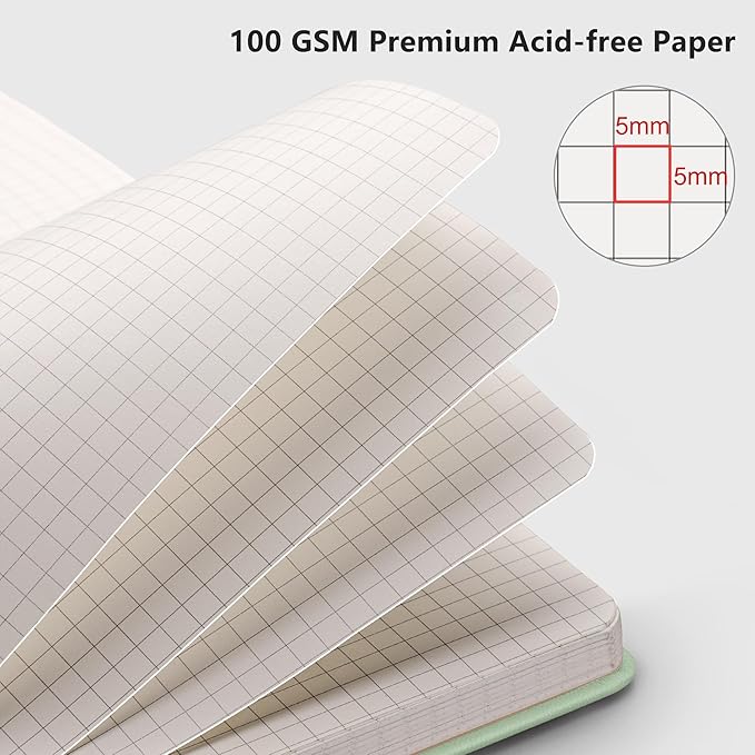 RETTACY Graph Paper Notebook, A5 Grid Notebook Journal with 192 Pages, 5.7'' × 8.3'', Medium Size, Leather Hardcover, 100 GSM Thick Paper, for Students, Homework, Math, Engineering (Light Green)