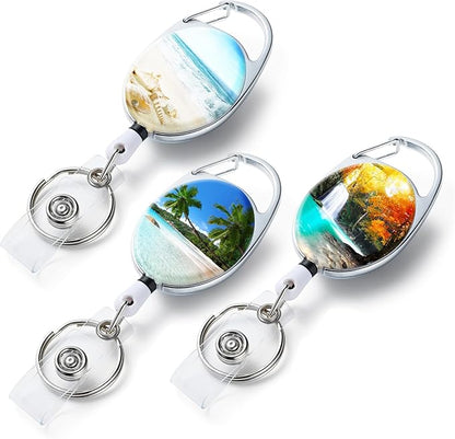 3 Pack Badge Reels - Double Sided Color Print Pattern Retractable Badge Holders with Retractable Keychain and Badge Clip, Durable Nylon Rope