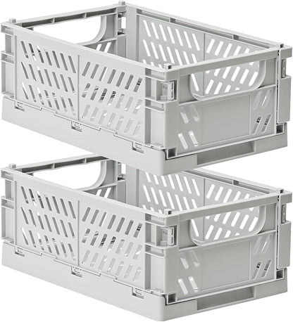 2-Pack Small Pastel Plastic Storage Baskets, Collapsible Crates for Organizing, Space-Saving Mini Bins for Classroom, Kitchen, Office, Bedroom (Grey, 9.8" x 6.5" x 3.8")