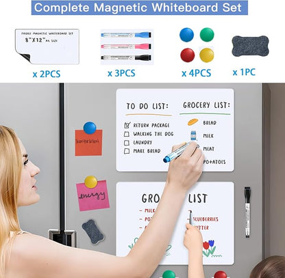 Magnetic Fridge Whiteboard Set: Dry Erase White Board (12X8), Magnets (Bonus), Markers & Erasers