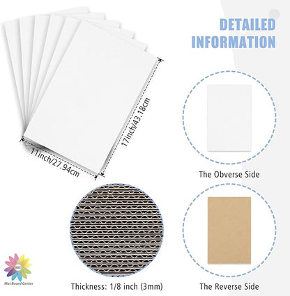 Mat Board Center, 25 pack 11x17 Corrugated Cardboard sheet, 1/8 inch thick, Flat Cardboard Inserts for Mailing, Packaging & Shipping, Cardboard Backing, Craft Card Board (White on one side)
