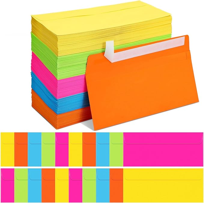500 Pcs #10 Business Envelopes Adhesive Standard Envelopes Colored Envelopes for Office Check Invoices Letters Letterhead Invitations Announcements 4-1/8 x 9-1/2'' (Neon Color)