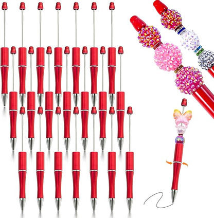 15 Pieces Beadable Pens - Beaded Pens Plastic Diy Black Ink Ballpoint Pens Bulk - Bead Pens Suitable For Teacher, Students, Office, School, Graduation Gift Supplies（Red）