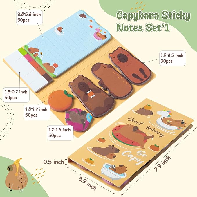 B1ykin Sticky Notes Set - Cartoon Theme Cute Self-Stick Notes Pad Teacher Appreciation Gifts， Self-Adhesive Writing Memo Pages Sticky to Do Notepad for Kids Employee School Office (Capybara)