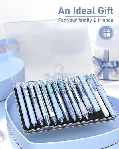 Four Candies 14Pack Pastel Gel Ink Pen Set,Cute Retractable 0.5mm Fine Point Pen,Note Taking Aesthetic Pens,12 Pack Black Ink Pens with 2Pack Highlighter, Smooth Writing Pens for School, Office (Blue)