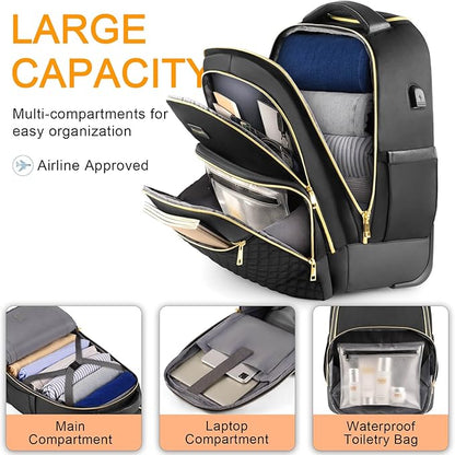 Rolling Backpack Carry On Luggage For Adults With Wheels, 40L Wheeled Backpack For Women, Travel Roller Backpack, Rolling Bag, Black Gold