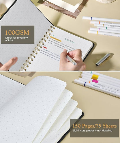 Dotted Spiral Journal Notebook, A5 Hardcover Spiral Journals for Women Men, 100 GSM Dot Grid Paper Notebooks, 150 Pages Spiral Bullet Dotted Notebook for Writing Note Taking 5.75" x 8.38" Black