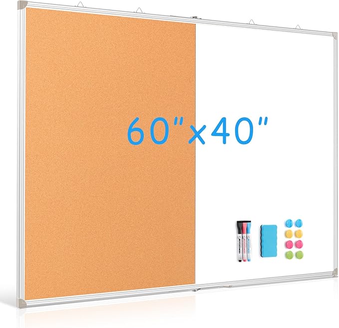 DOLLAR BOSS Foldable Cork Board White Board Combo 60 x 40 Inch Extra Large Magnetic Whiteboard Dry Erase Bulletin Board Portable Double Sided Aluminum Frame Pin Board for School Office with Markers