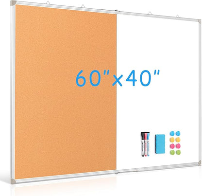 DOLLAR BOSS Foldable Cork Board White Board Combo 60 x 40 Inch Extra Large Magnetic Whiteboard Dry Erase Bulletin Board Portable Double Sided Aluminum Frame Pin Board for School Office with Markers