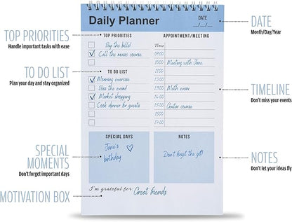 Daily Planner Notebook, To Do List Notepad, Spiral Notebook, Undated-52 Sheets-6.5" x 9.8" Checklist, Notebooks for Work, Personal Organizer Notepad, Daily Task Notebook (Blue)
