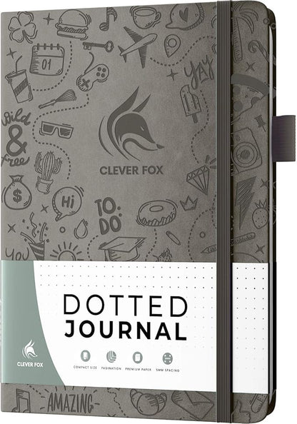 Clever Fox Dotted Journal 2.0 – Compact Planning and Sketching Dot Grid Notebook 120 GSM Thick, No-Bleed Paper – Planner with Pen Loop, Pocket, Ribbons, Stickers A5 - Gray