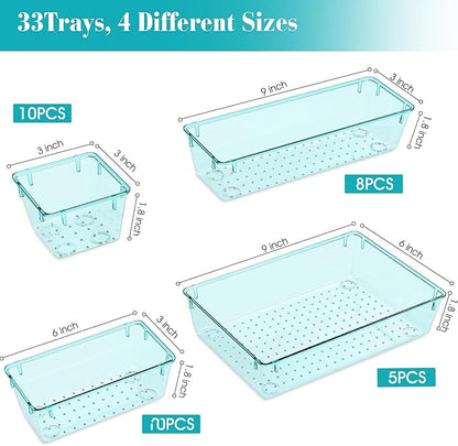 33 PCS Clear Plastic Drawer Organizers Set, 4 Size Desk Drawer Organizer Trays for Makeup, Jewelry, Kitchen Utensils, Gadgets and Office Accessories, Sea Blue