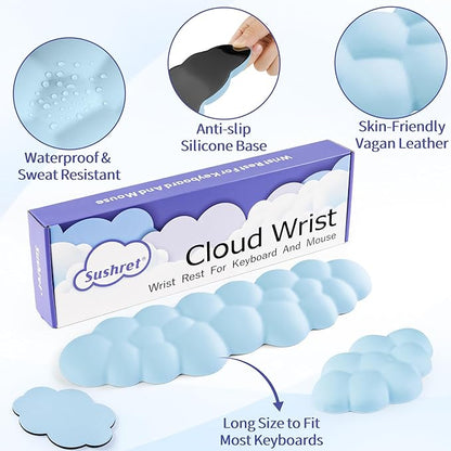 Cloud Wrist Rest Keyboard, Cloud Palm Rest Set with PU Leather Memory Foam, Cute Keyboard Rest for Wrist Support and Arm Rest, Desk Cloud Wrist Pad for PC/Gaming/Hand Cushion/Computer-Blue