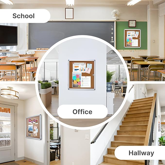 Outdoor Enclosed Cork Bulletin Board Tamper-Proof Dispaly Case, Aluminium Frame, Weatherproof Cork Noticeboard, Enclosed Cork Board for School, Office, Restaurant, Hospital etc（28 * 26inches）