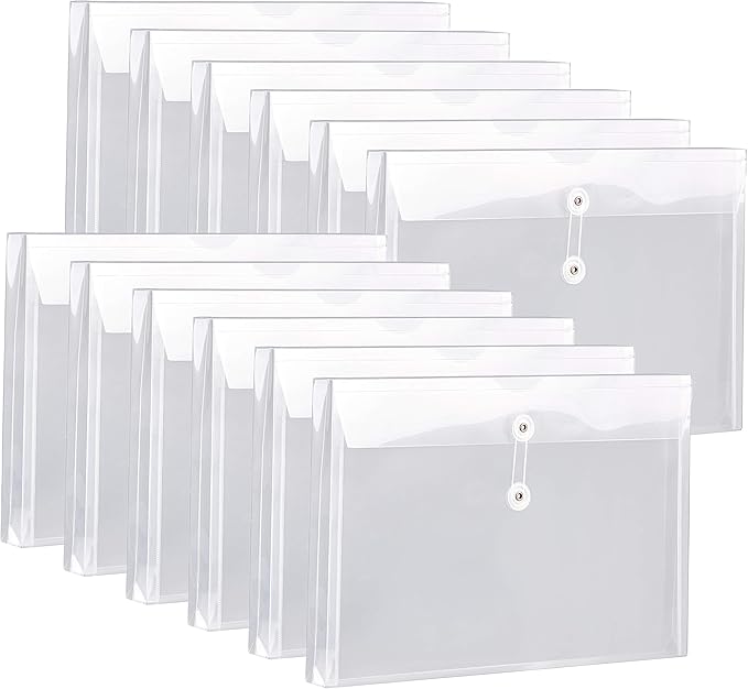 Plastic Legal Size Expandable Envelopes with String Tie Closure, 1-1/4" Expansion, Side Load, Clear File Folders Poly Project Paper Documents Organizer for Office School Home 12 Pack