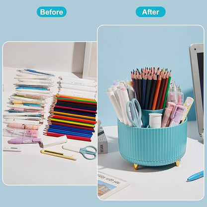 360 Degree Rotation Pen Holder, 5 Slots Office Desk Pen Organizer Multi-Functional Pencil Cup Makeup Brush Holder Office Business Card Pen Pencil Stationery Holder Storage Box Blue