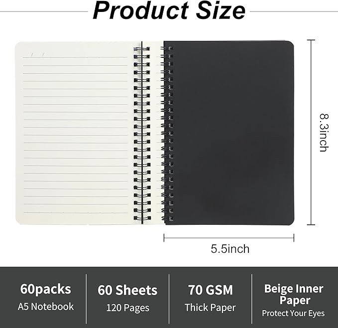 miikoul 60 Packs A5 Spiral Notebooks, Black Ruled Notebooks Bulk, 8.3"×5.5", 60 Sheets/120 Pages, Hardcover Lined Journal Notepad Travel Notebooks for Office and School Supplies