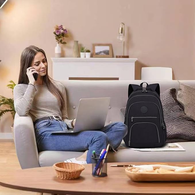 Casual Lightweight Travel Laptop Backpacks Water Resistant Large Nylon Backpack for Men Women Hiking Camping Cycling Packback Daypack, Fits 15.6 Inch Laptop and Notebook - Black