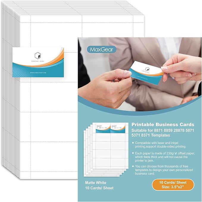 MaxGear Business Card 200 Printable Business Cards, Printable Card Paper Compatible with Laser & Inkjet Printer, Double-sided Printing, Heavyweight, Matte White Paper, 10 Cards/Sheet, 3.5" x 2" (8871)