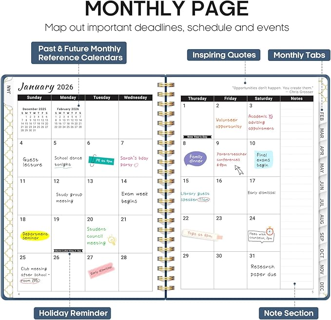 2026 Planner, Weekly and Monthly Calendar Planner, January 2026 - December 2026, Hardcover 2026 Calendar Planner Book with Tabs For Women & Men, Inner Pocket, Spiral Bound, Perfect for Office Home School Supplies - A4 (8.5" x 11"), Navy