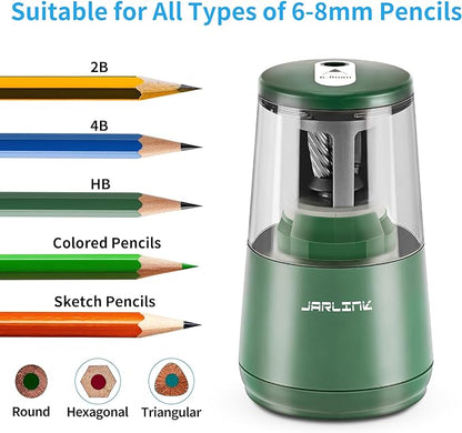 JARLINK Electric Pencil Sharpener, Heavy-Duty Helical Blade to Fast Sharpen, Auto Stop for No.2/Colored Pencils(6-8mm), USB/Battery Operated in School Classroom/Office/Home (Green)