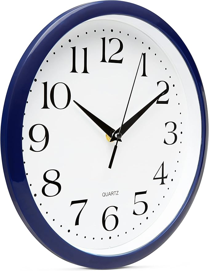 Bernhard Products Navy Wall Clock Silent Non Ticking - 10 Inch Quality Quartz Battery Operated Round Easy to Read Home/Kitchen/Office/Classroom/School Clock