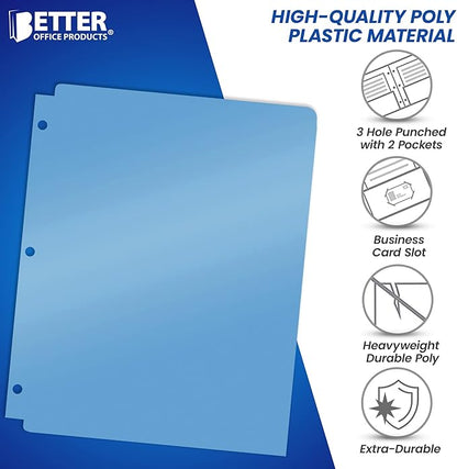 Better Office Products 3 Hole Punch Pocket Folders, Bulk Pack, Sturdy Plastic 2 Pocket Folders, Assorted Primary Colors, Letter Size, with Business Card Slot,(12 Pack)