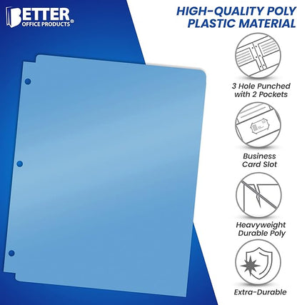 Better Office Products 3 Hole Punch Pocket Folders, Bulk Pack, Sturdy Plastic 2 Pocket Folders, Assorted Primary Colors, Letter Size, with Business Card Slot, (6 Pack)
