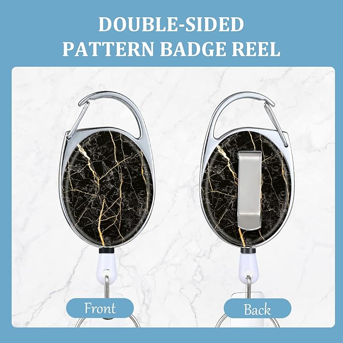 Badge Reels Retractable，Double Sided Color Print Pattern Retractable Badge Holders，with Retractable Keychain, Badge Clip and Key Ring，Durable Nylon Retractable Rope，Black Marble