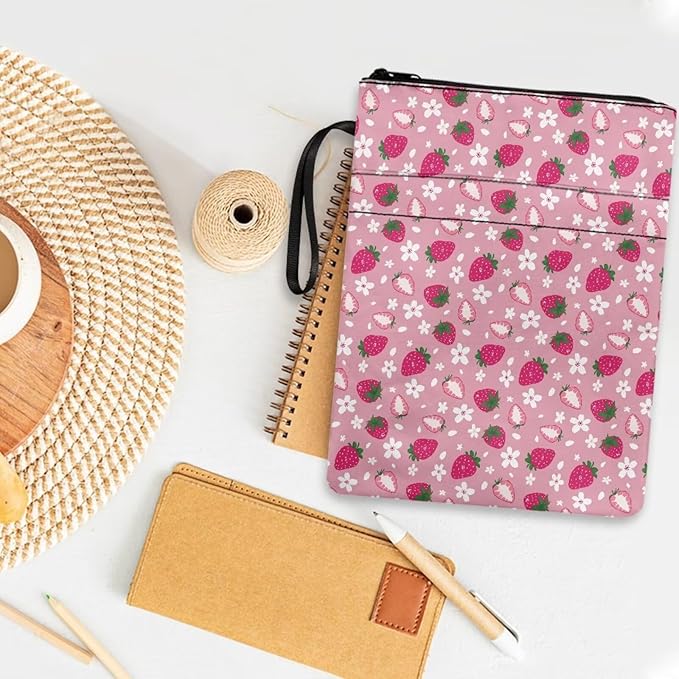 COEQINE Strawberry Book Sleeve Protector Book Cover with Zipper Book Sleeves Washable Hardcover Paperbacks Book Sox with Front Pocket