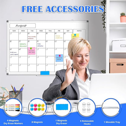 Monthly Calendar Dry Erase Whiteboard for Wall, 30" x 20" Double-Sided Large Calendar White Board, Magnetic Portable Hanging Board for Office, Home, School