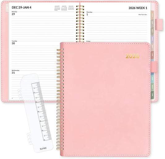 SUNEE 2026 Weekly & Monthly Planner 9"x11.2"- 12 Month (January 2026 - December 2026), Vegan Leather Cover, Pocket, Bookmark, Notes, Monthly Tab, Peach Pink