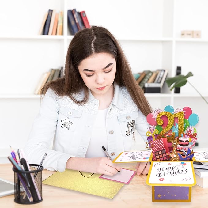 Asmallgf Shiny 21st Birthday Pop Up Card for Him Her, Beautiful Birthday Gifts for 21 Years Old Female Male, Sweet Twenty-one Bday 3D Card for Men Women, Unique 21 Birthday Gift Idea for Daughter Son