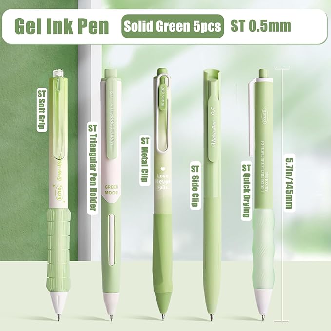 5 Count Pastel Gel Ink Pen Set,Cute Note Taking 0.5mm Fine Point Retractable 5 Count Black Ink Pens for Writing, Journaling, School, Office (Light Green)