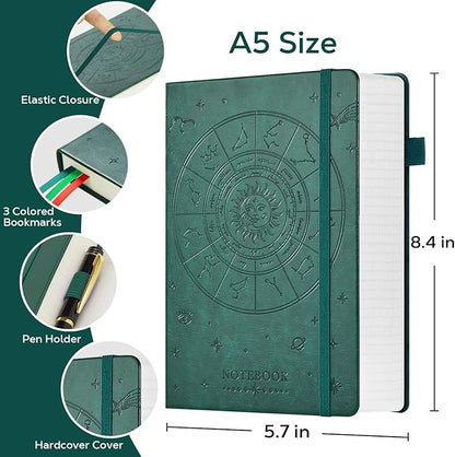 Hardcover Notebook Journal, A5 Lined Daily Journal College Ruled Notebook for Women Men, 320 Pages Thick Writing Journal Notebook for School Work, Dark Green Leather Notebook, 5.7'' X 8.4''