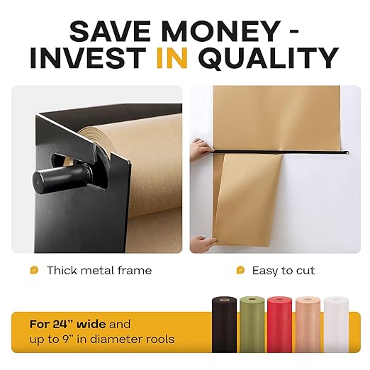 IDL Packaging 24" Wall Mounted Kraft Paper Roll Dispenser & Cutter for Rolls up to 24" Wide and 9" in Diameter – Durable Paper Holder with a Serrated Blade – Wall Mount Set Included