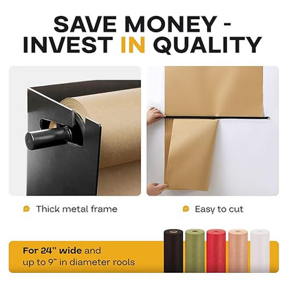 IDL Packaging 24" Wall Mounted Kraft Paper Roll Dispenser & Cutter for Rolls up to 24" Wide and 9" in Diameter – Durable Paper Holder with a Serrated Blade – Wall Mount Set Included