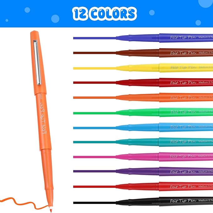 72 Pcs Felt Tip Pens 0.7mm Medium Point Felt Pen Bulk 12 Colors Markers Journal Planner for Teachers Students Journaling Writing Note Art Office School Supplies