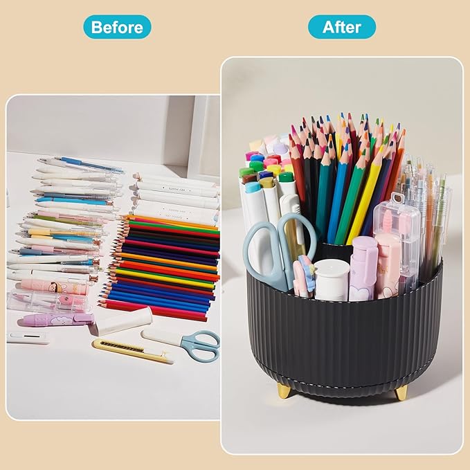 Desk Pencil Pen Holder, 5 Slots 360 Degree Rotating Pencil Pen Organizers Desk Organizers for Office Accessories Shool Supply Black